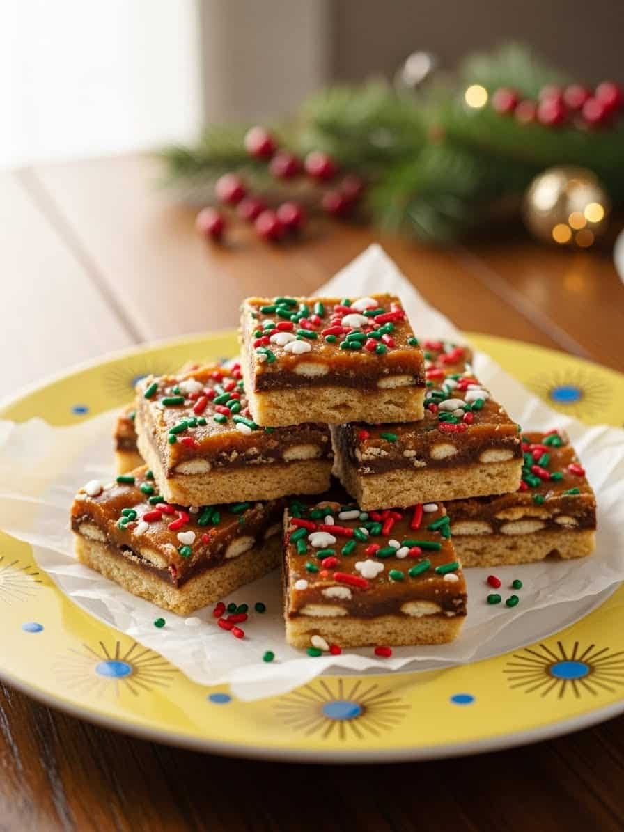 Christmas Crack with chocolate and pecans on a yellow plate