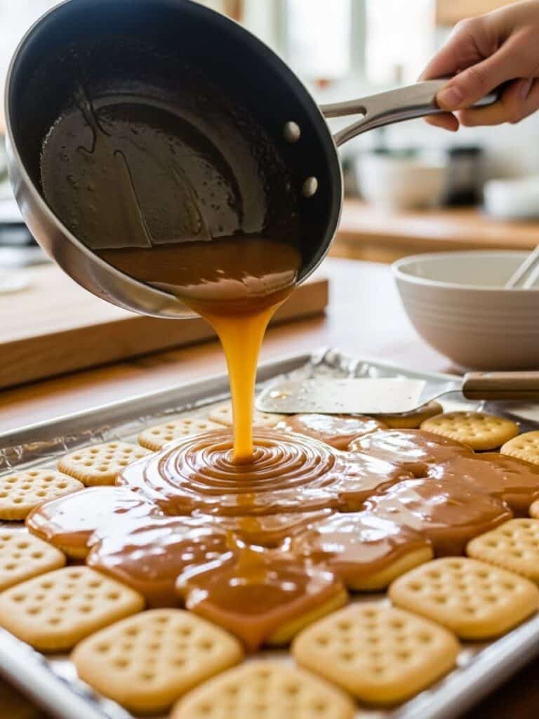 Pouring caramel over saltine crackers for Christmas Crack