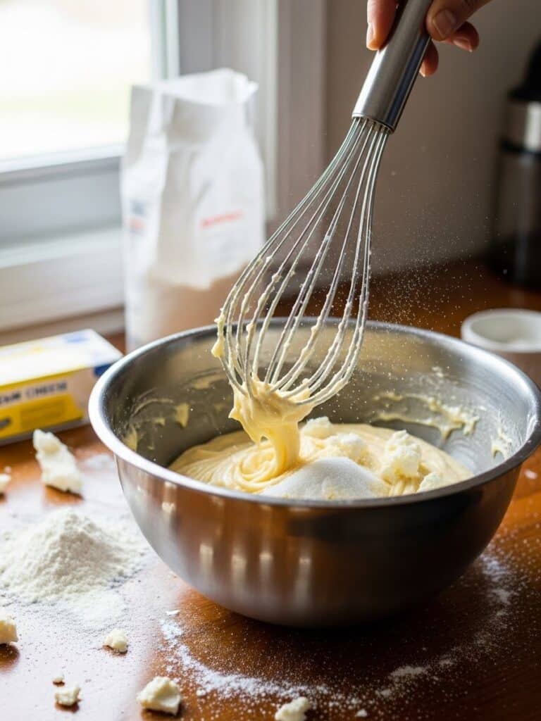 Mixing cheesecake batter by hand in a kitchen bowl