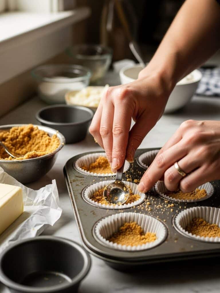 Pressing crust into muffin tin for mini cheesecakes