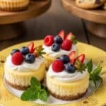 Mini Cheesecakes on yellow sunburst plate with berries and whipped cream