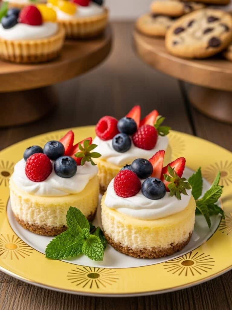 Mini Cheesecakes on yellow sunburst plate with berries and whipped cream