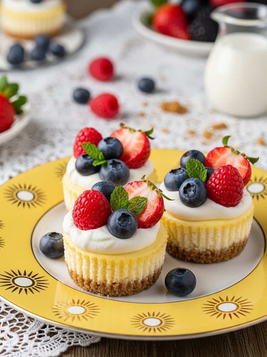 Mini Cheesecakes on yellow plate with berries