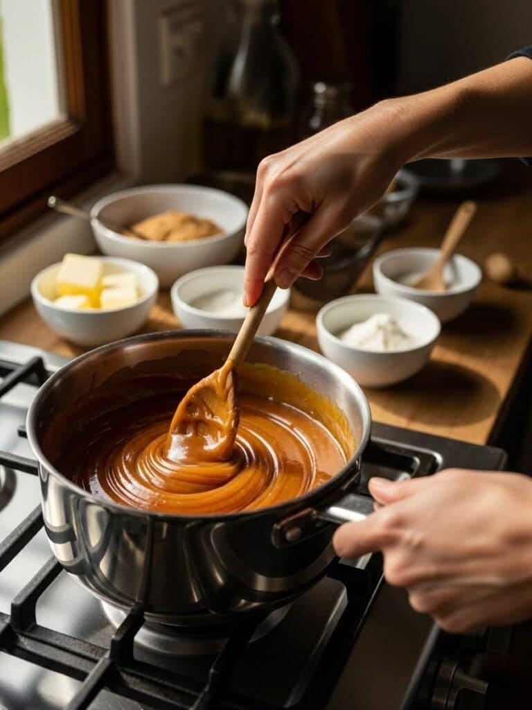 Stirring caramel mixture in saucepan