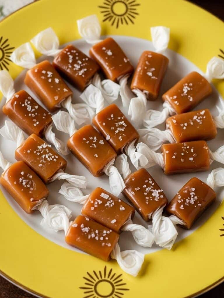 Homemade caramels on a yellow plate with golden sunburst rim