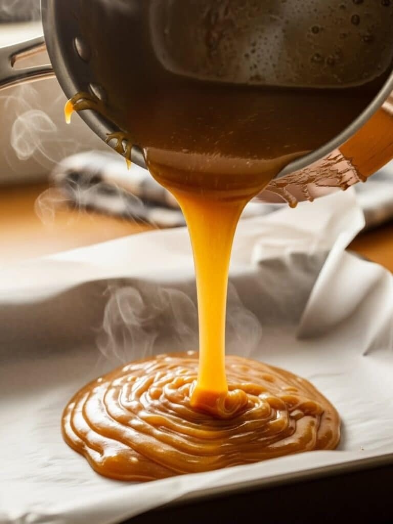 Pouring hot caramel into pan