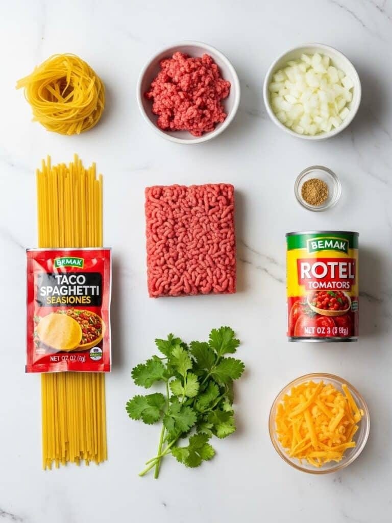 Flatlay of fresh ingredients for Taco Spaghetti Recipe