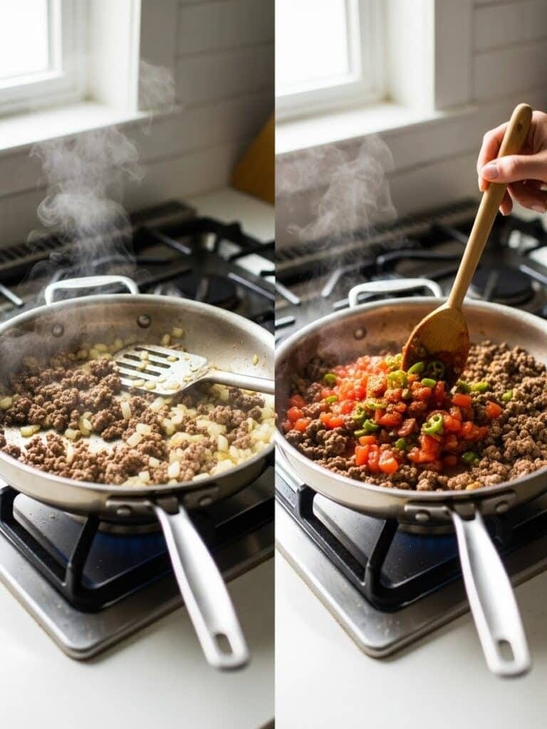 Mixing beef, onions, and taco seasoning for Taco Spaghetti Recipe