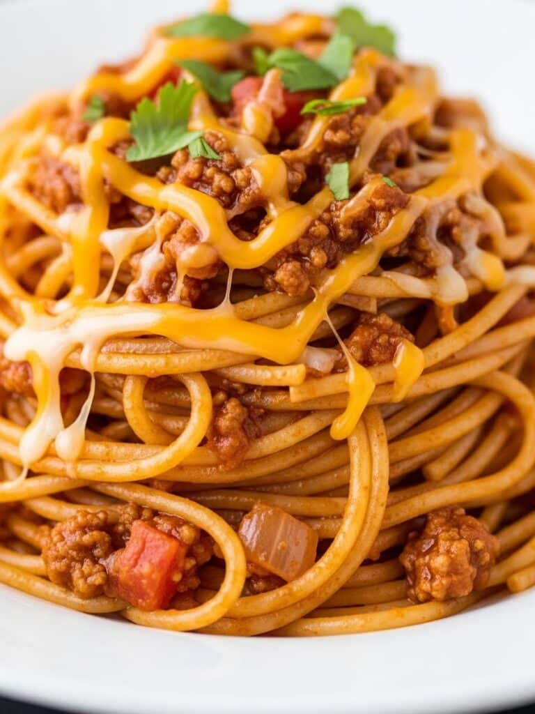 Close-up texture of creamy Taco Spaghetti Recipe
