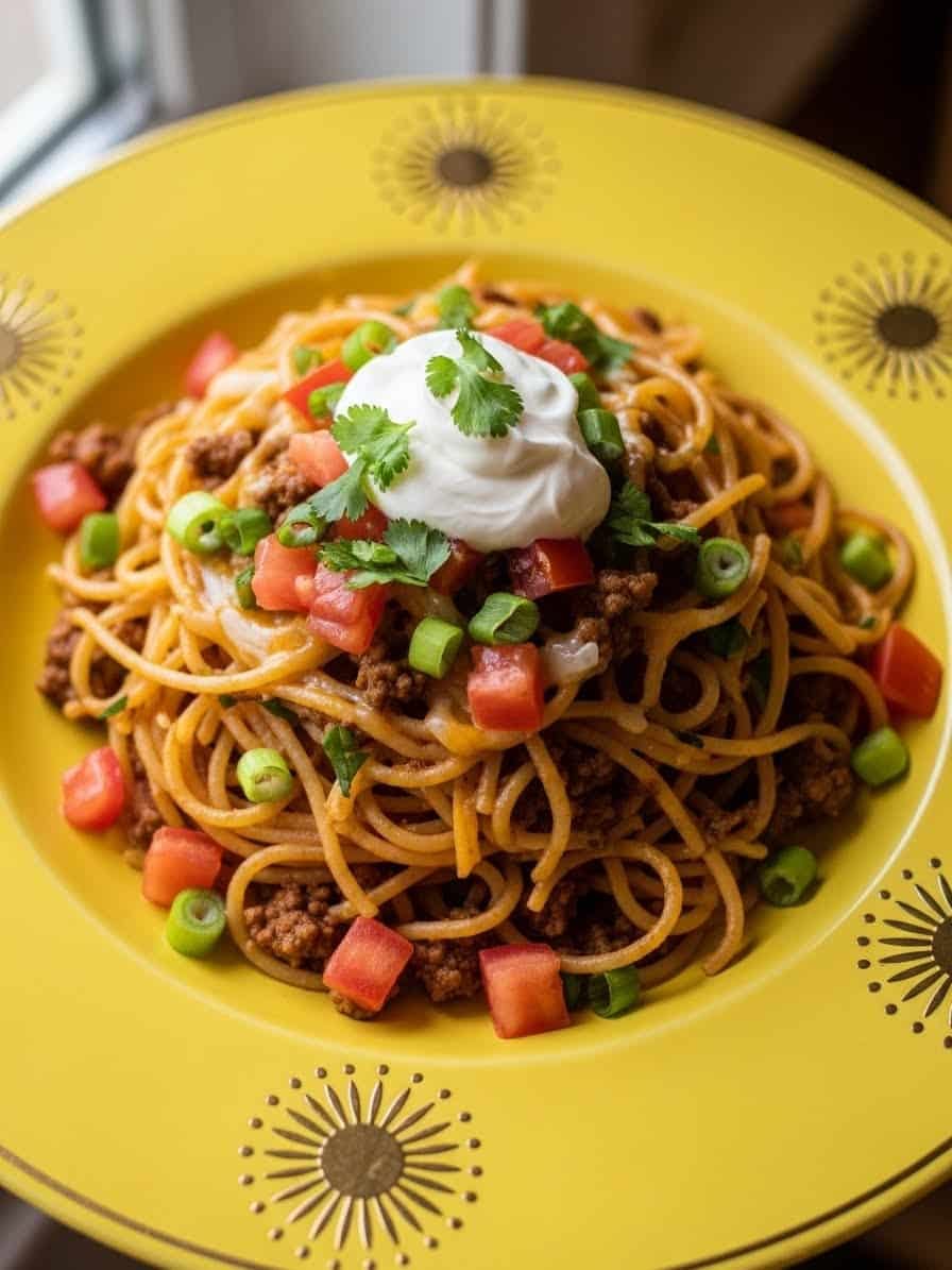 Taco Spaghetti Recipe served on yellow sunburst plate in cozy kitchen