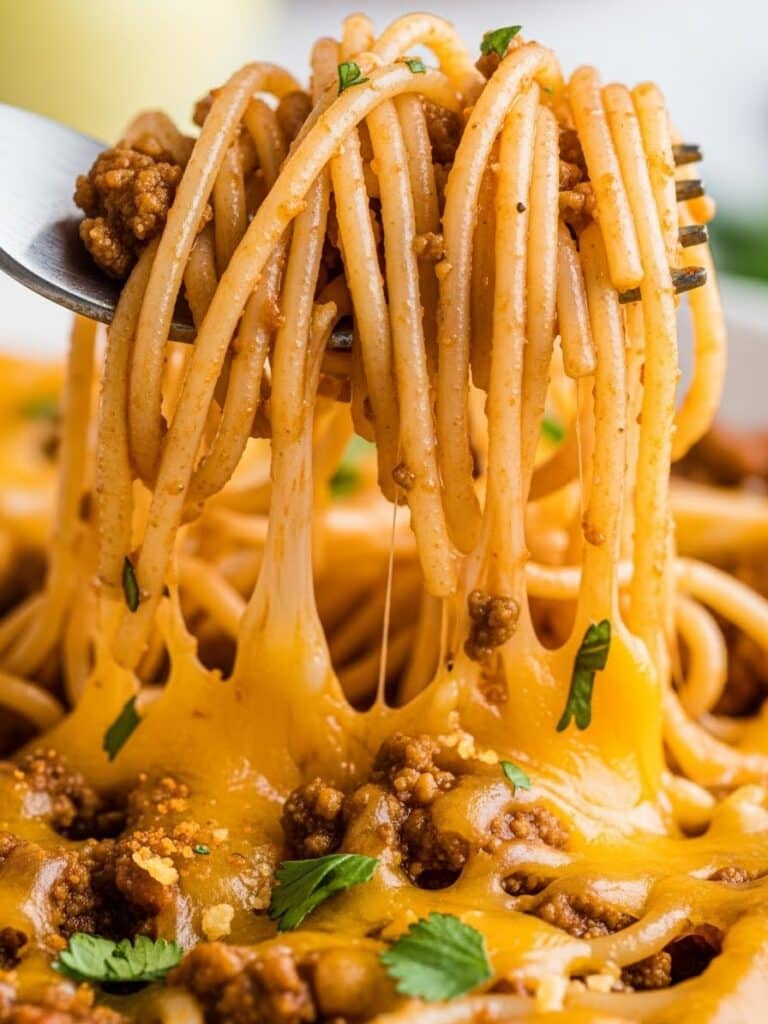 Close-up of creamy and cheesy Taco Spaghetti texture