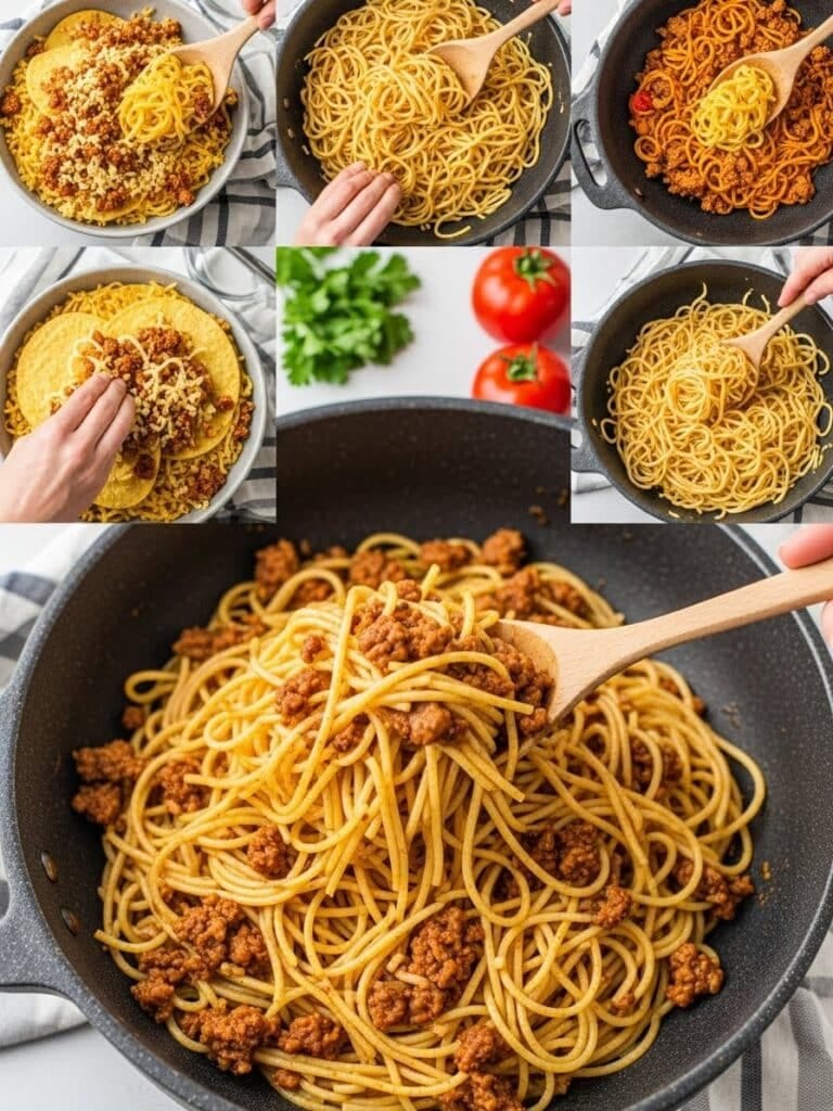 Cooking process showing beef and spaghetti for Taco Spaghetti Recipe
