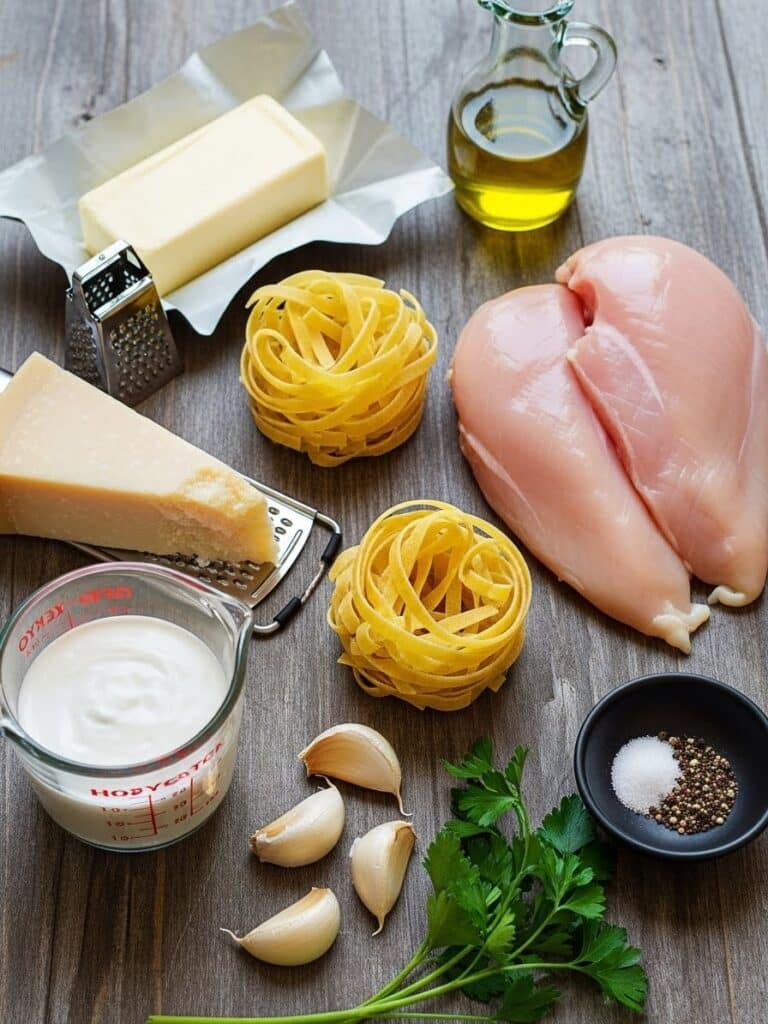 Flatlay of Chicken Alfredo ingredients on marble counter