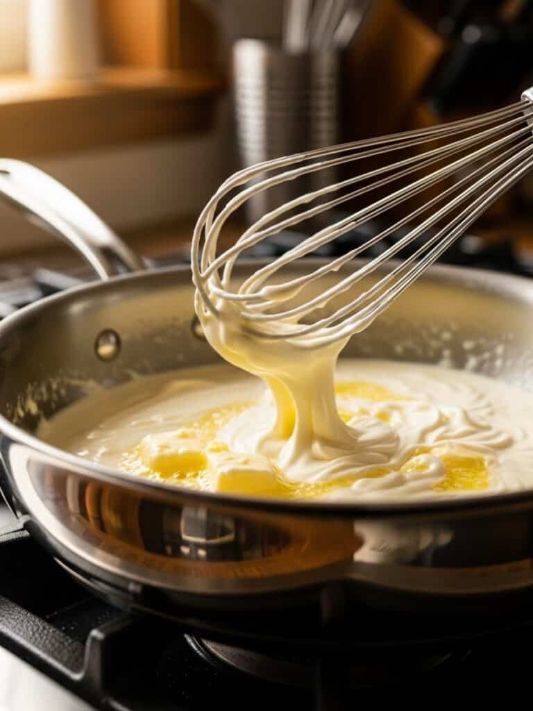 Whisking Alfredo sauce in a skillet