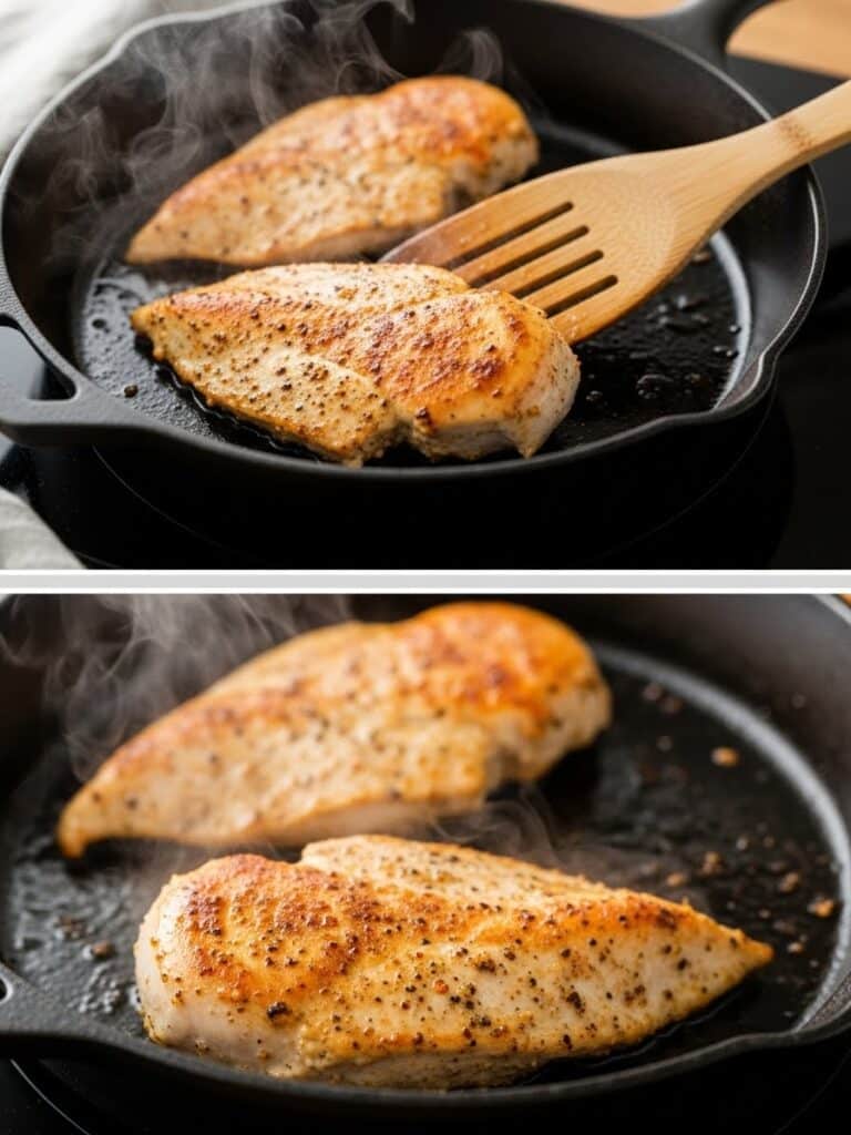 Searing chicken breasts for Chicken Alfredo in a skillet