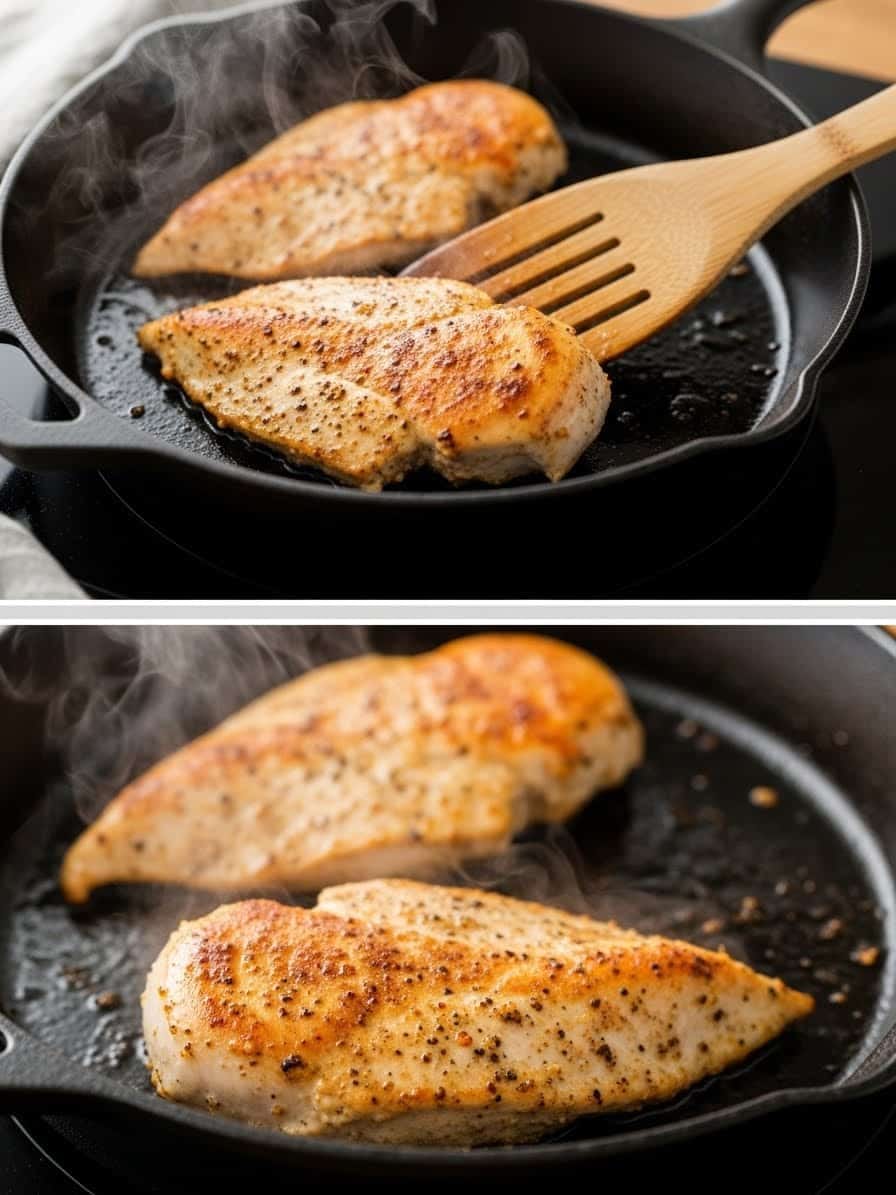 Searing chicken breasts for Chicken Alfredo in a skillet