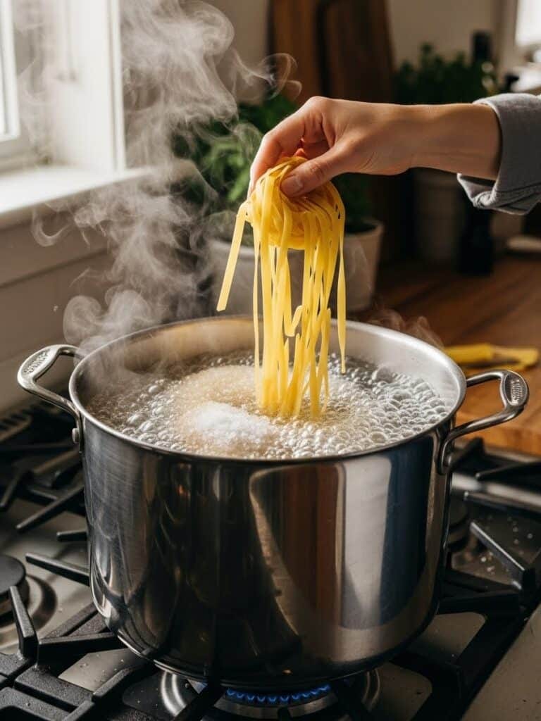 Boiling fettuccine pasta for Chicken Alfredo