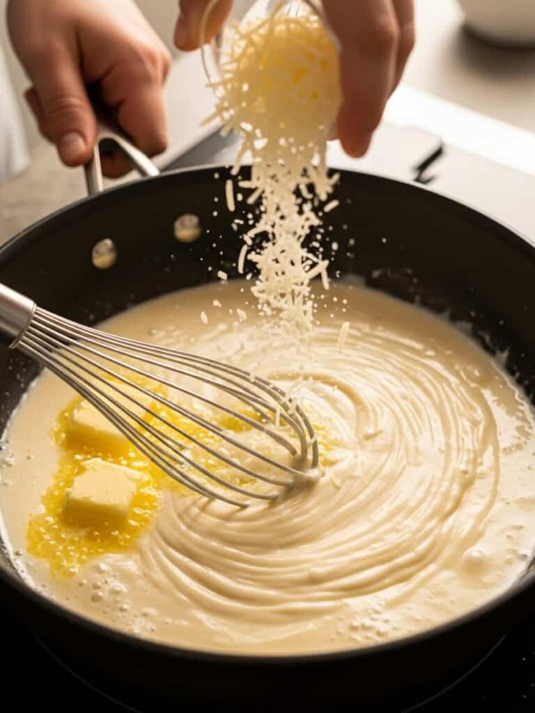 Whisking creamy Alfredo sauce with butter and Parmesan