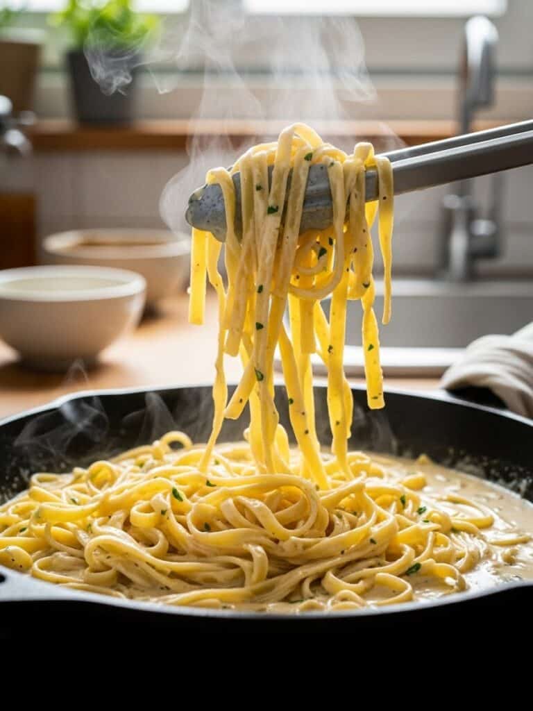 Tossing fettuccine pasta in creamy Alfredo sauce