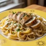 Creamy Chicken Alfredo served on yellow plate with parsley