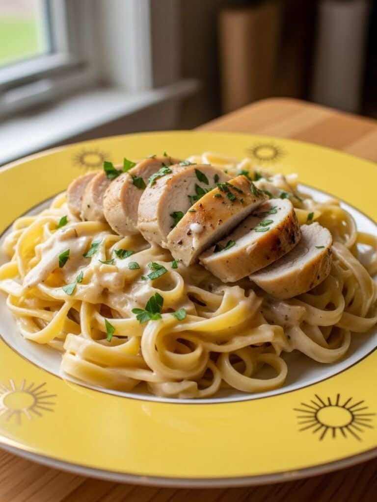 Creamy Chicken Alfredo served on yellow plate with parsley