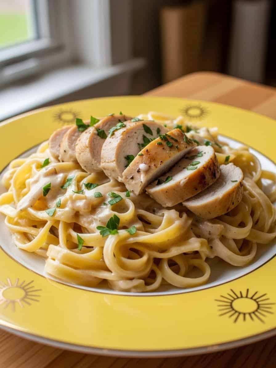 Creamy Chicken Alfredo served on yellow plate with parsley