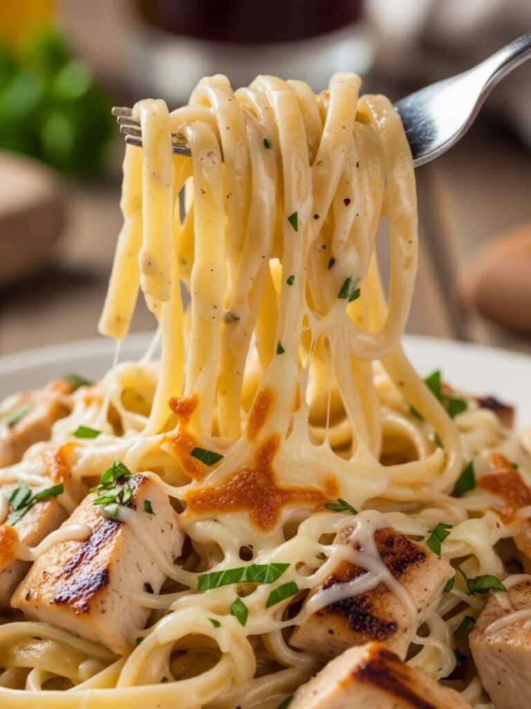 Close-up of creamy Chicken Alfredo pasta texture