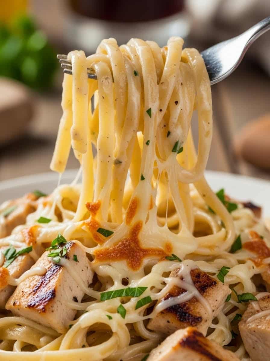 Close-up of creamy Chicken Alfredo pasta texture