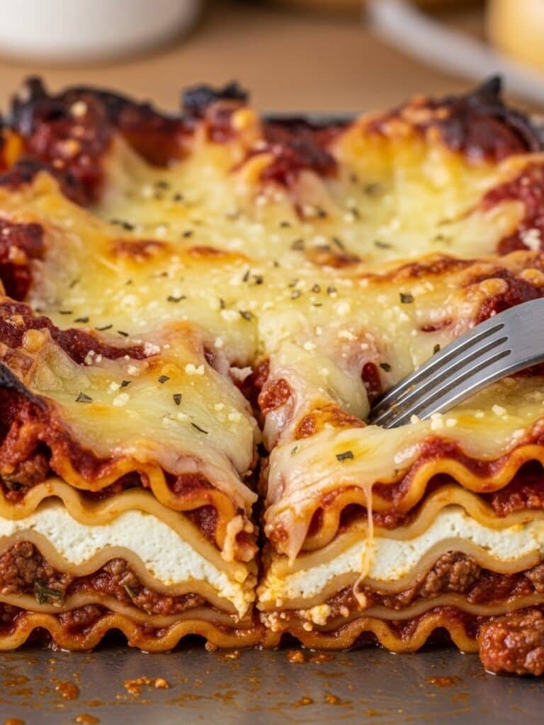 Close-up shot of homemade beef lasagna showing melted cheese and layered texture