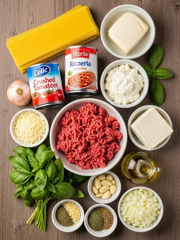 Ingredients for homemade beef lasagna arranged on a wooden surface