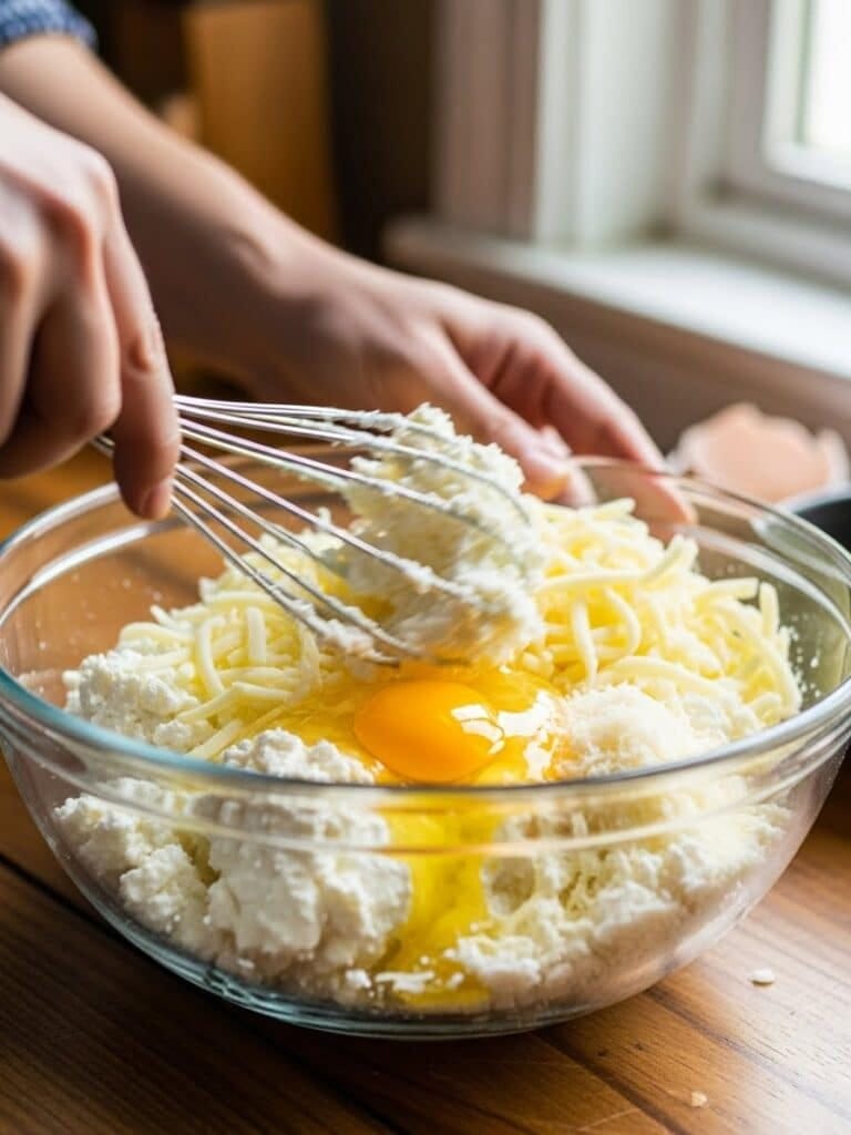Mixing cheese filling for homemade beef lasagna in a glass bowl