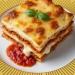 Serving homemade beef lasagna with garlic bread and salad