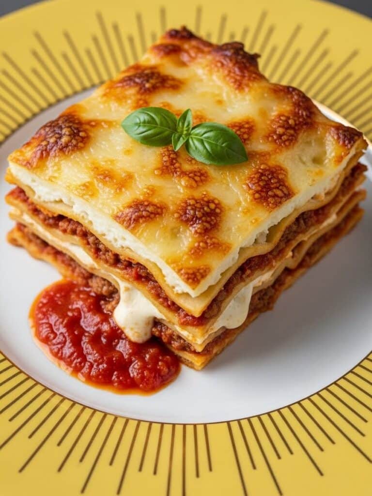 Serving homemade beef lasagna with garlic bread and salad
