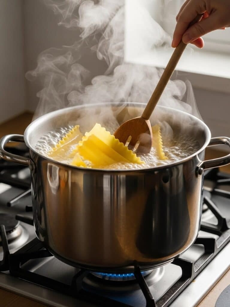 Cooking lasagna noodles in boiling water for homemade beef lasagna