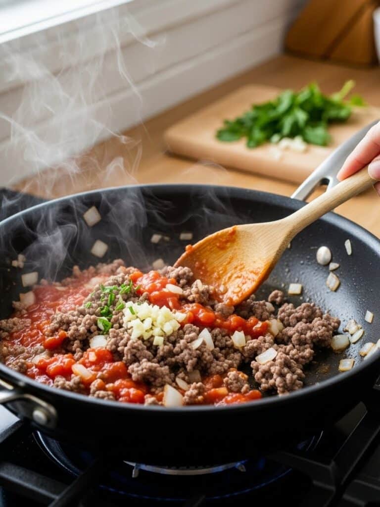 Preparing meat sauce for homemade beef lasagna in a skillet