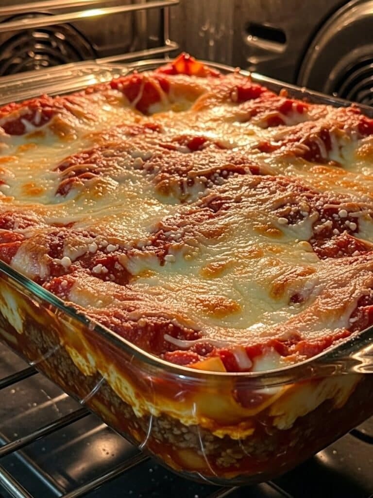 Baking homemade beef lasagna in the oven until golden and bubbly