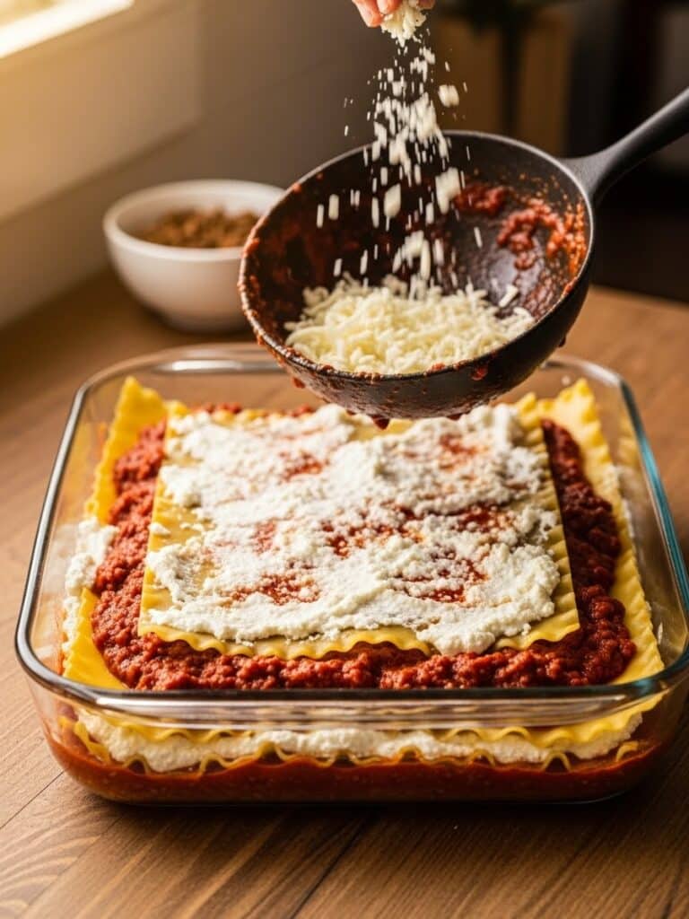 Step-by-step image of assembling homemade beef lasagna in a baking dish, showing layers of sauce, noodles, and creamy ricotta under warm kitchen light.