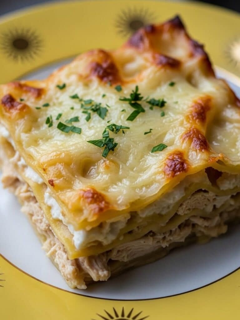 Chicken Lasagna feature image on yellow sunburst plate