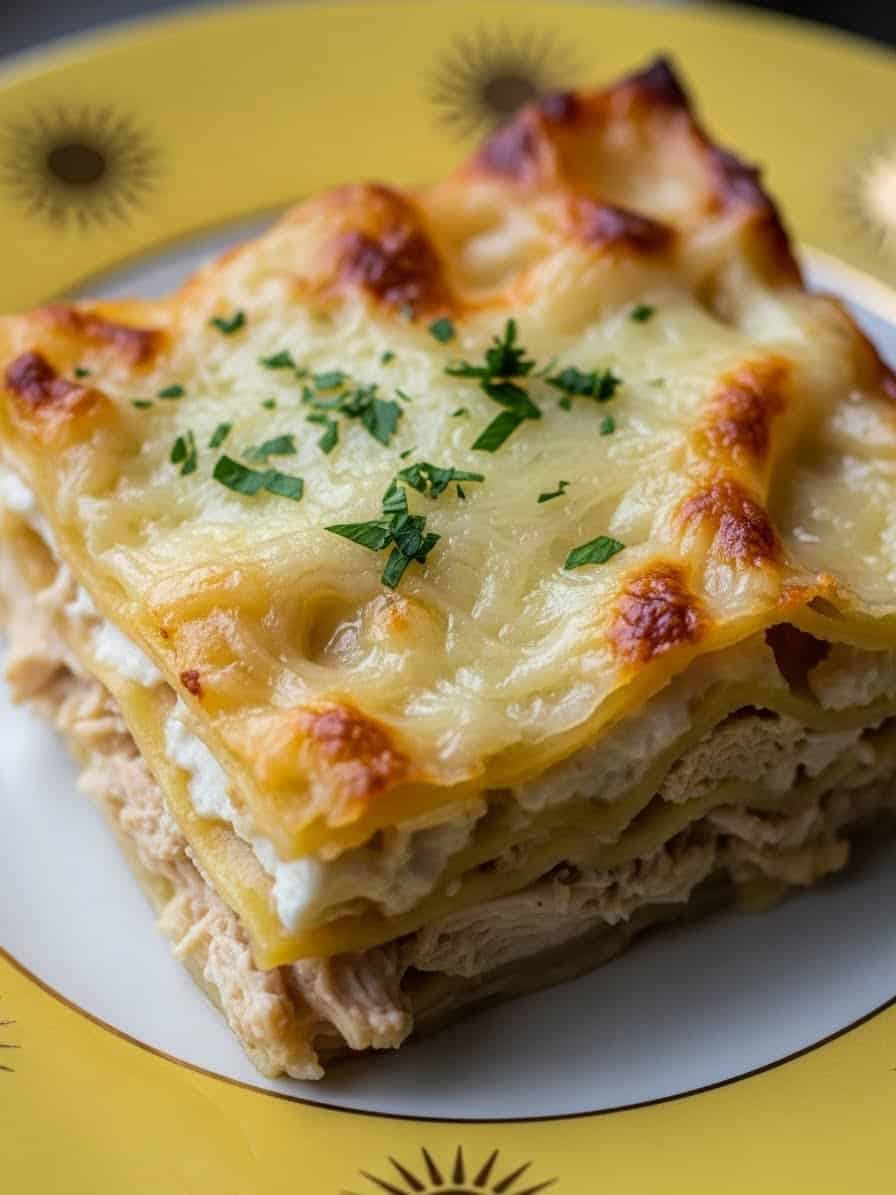 Chicken Lasagna feature image on yellow sunburst plate