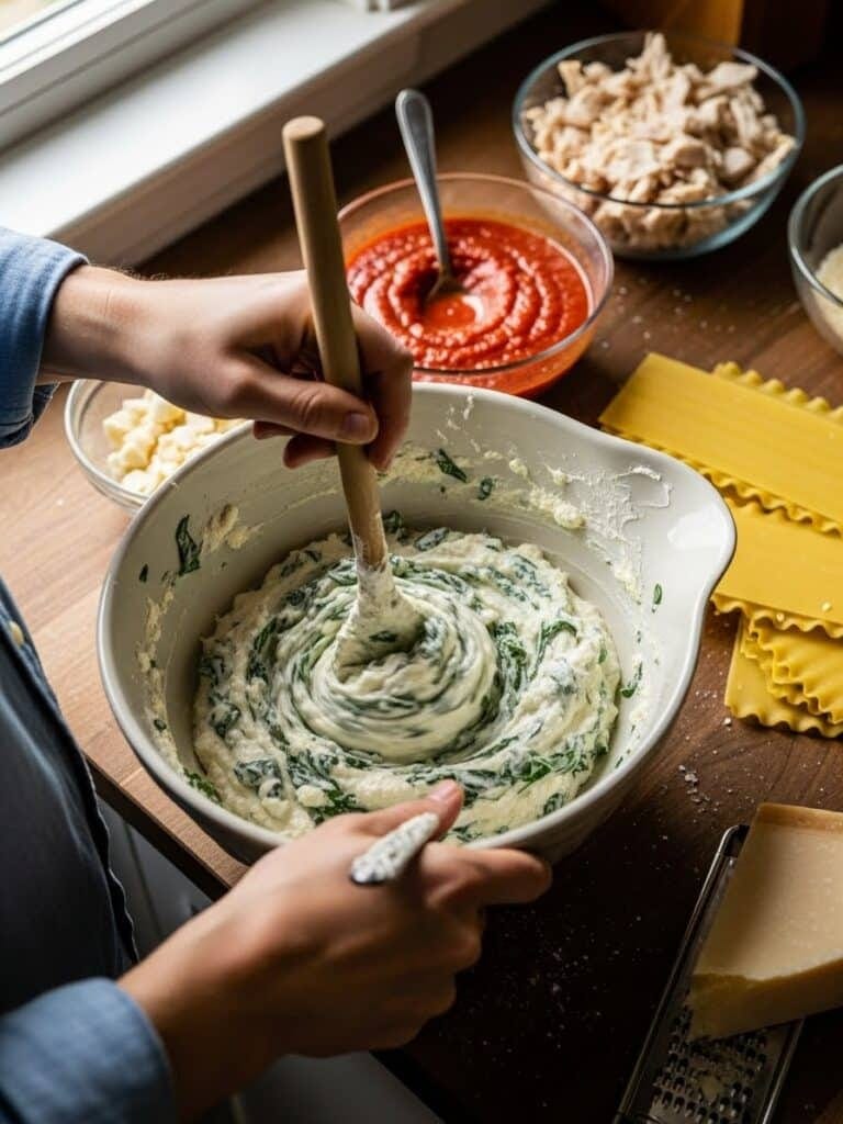 Mixing Chicken Lasagna ingredients