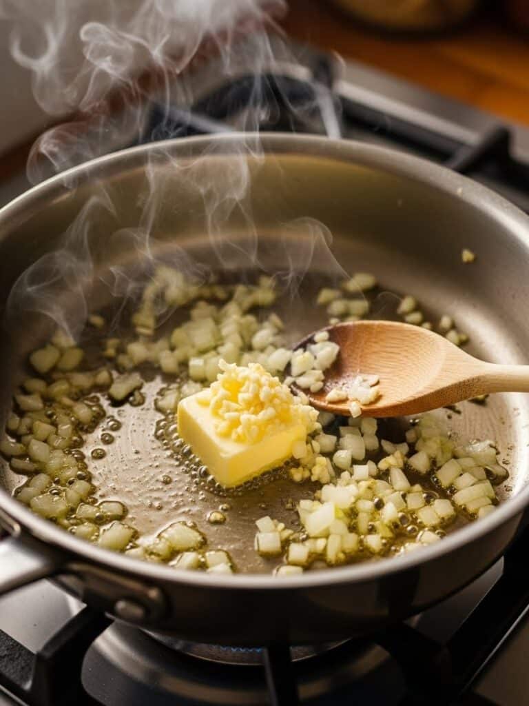 Making cream sauce for Chicken Lasagna in saucepan