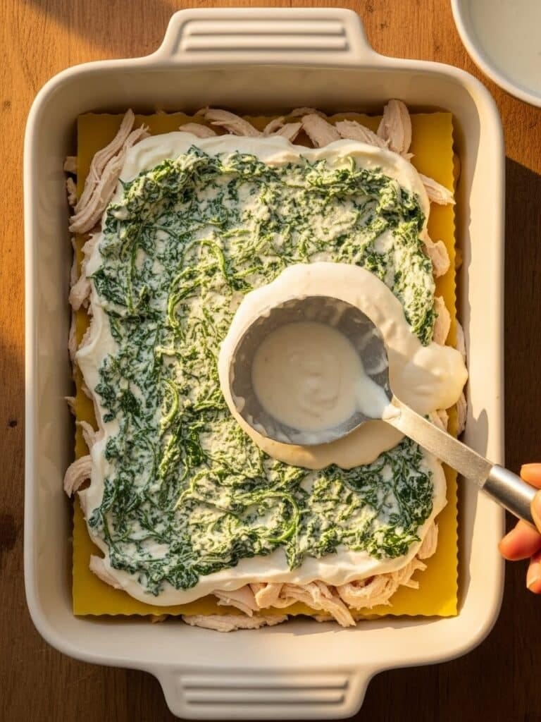 Layering noodles, ricotta, and chicken for Chicken Lasagna