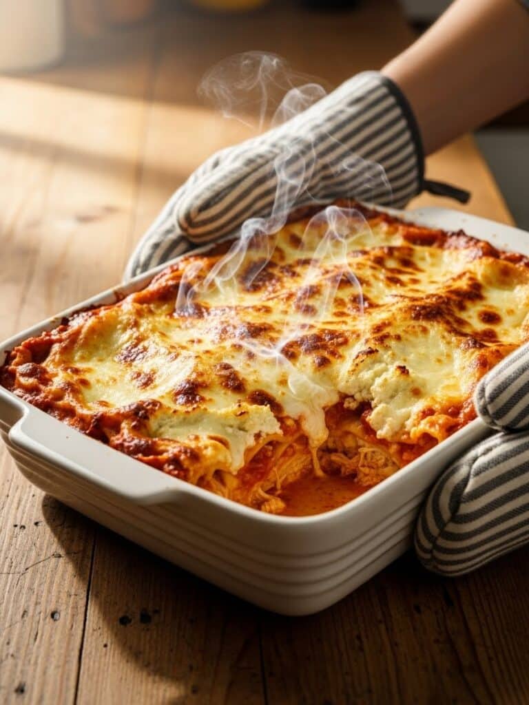 Baked Chicken Lasagna with golden cheese crust