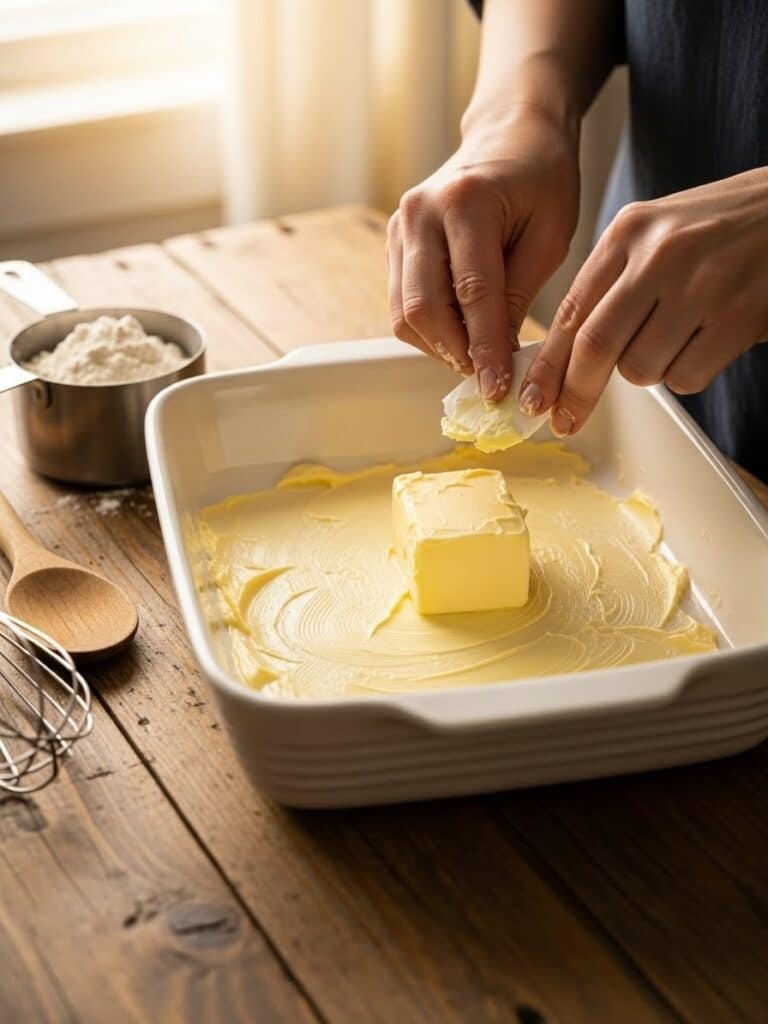 Hands greasing a white casserole dish with butter before baking Sweet Potato Casserole