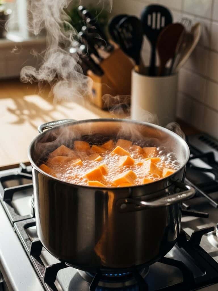 Boiling peeled and cubed sweet potatoes in a large pot on a stovetop