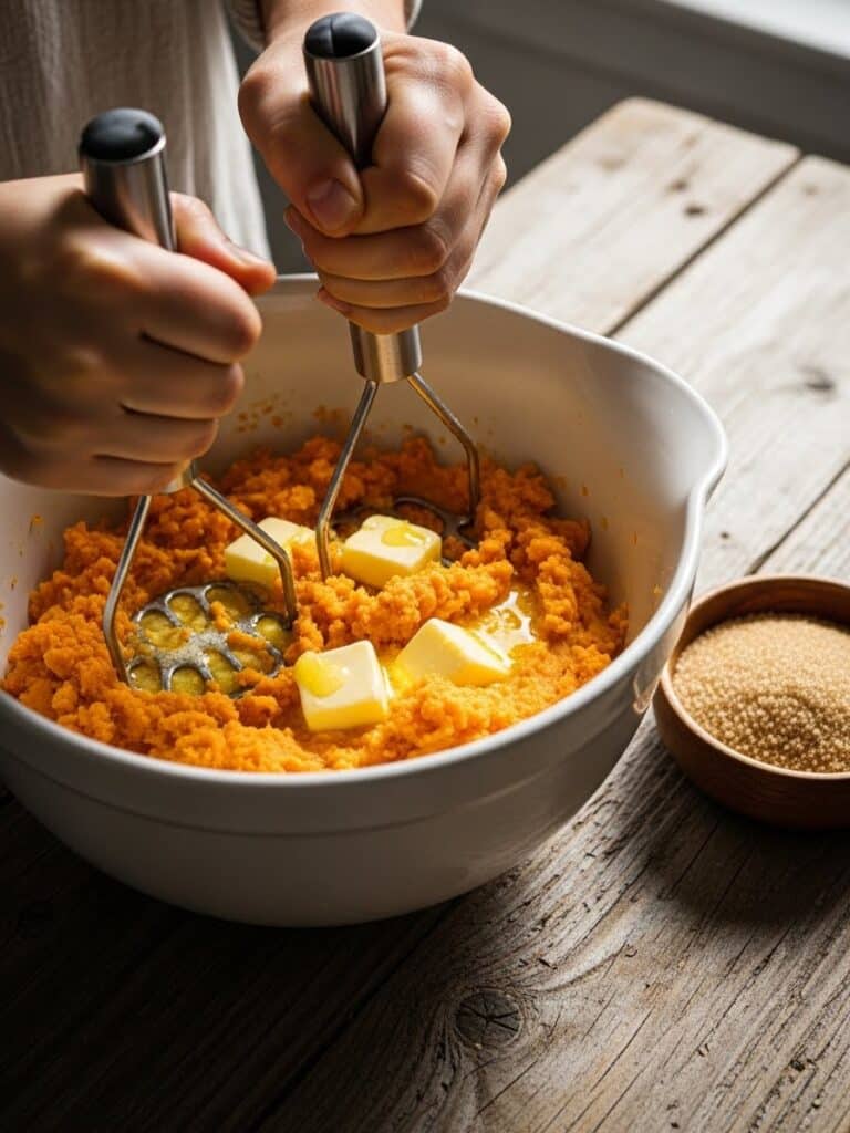 Mashing sweet potatoes with butter and brown sugar in a white bowl