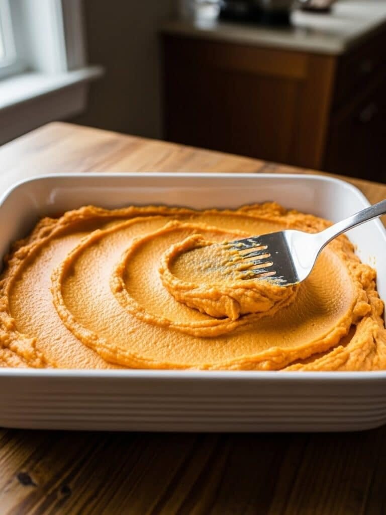 Spreading mashed sweet potato filling into a white casserole dish with a spatula