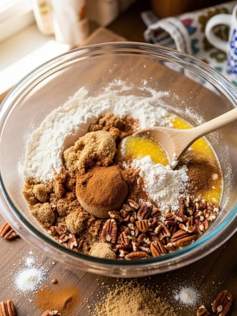 Mixing brown sugar, butter, cinnamon, and pecans in a glass bowl