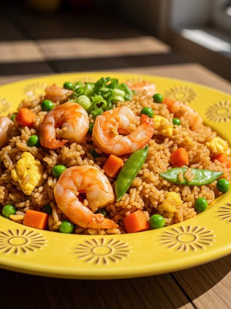 Shrimp Fried Rice served on a yellow plate