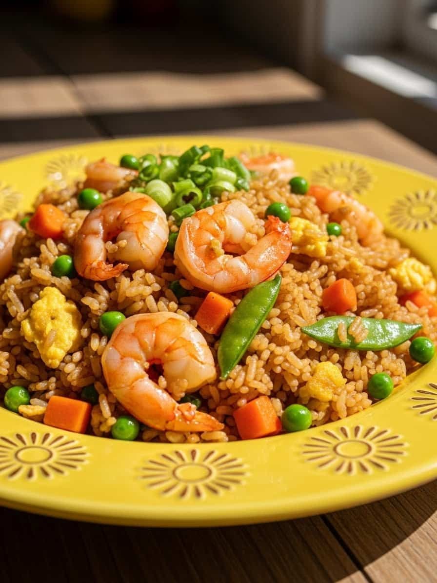 Shrimp Fried Rice served on a yellow plate